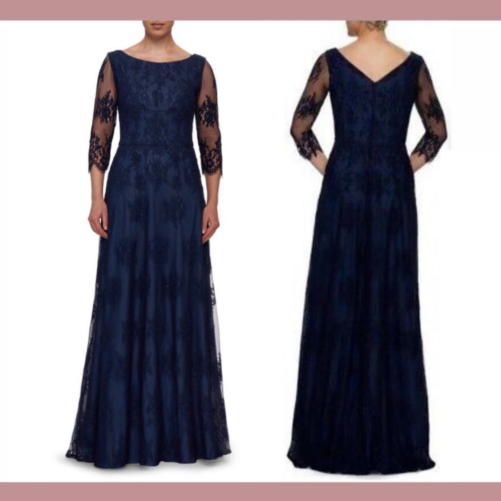 NEW La Femme [ 14 ] 3/4 Sleeve Embellished Lace A-Line Gown‎ in Navy